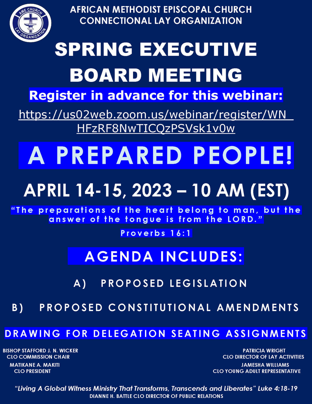 Connectional Lay Organization Spring Executive Board Meeting AME Church